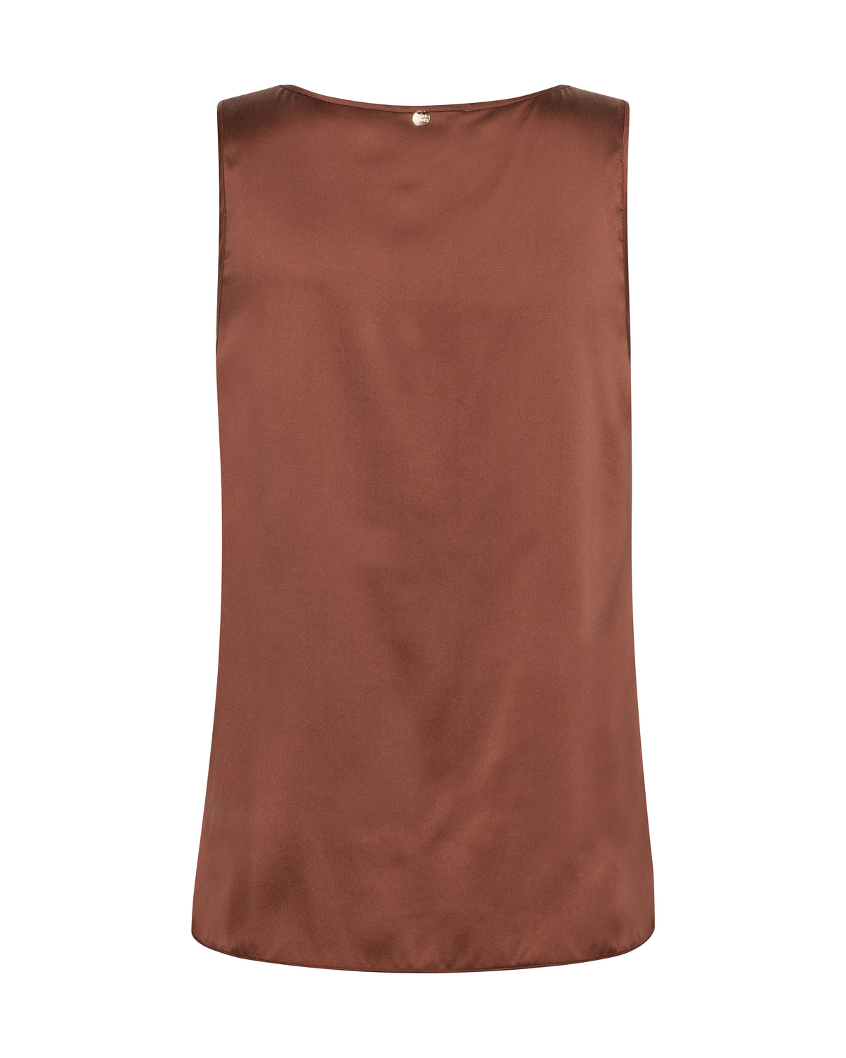 A sleeveless brown satin top shown from the back, featuring a smooth texture and a small silver button at the neckline, set against a plain white background.