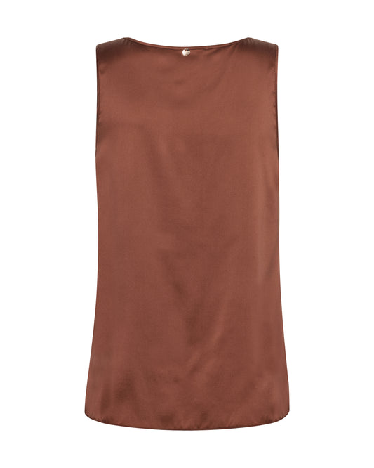 A sleeveless brown satin top shown from the back, featuring a smooth texture and a small silver button at the neckline, set against a plain white background.