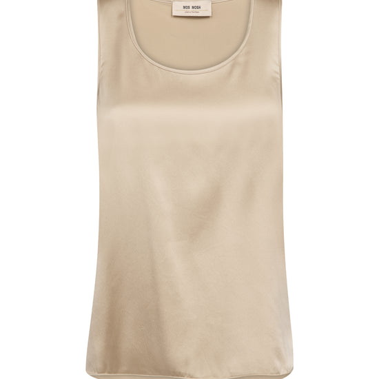 A sleeveless scoop-neck tank top in a light beige or cream color, shown flat against a plain white background. 