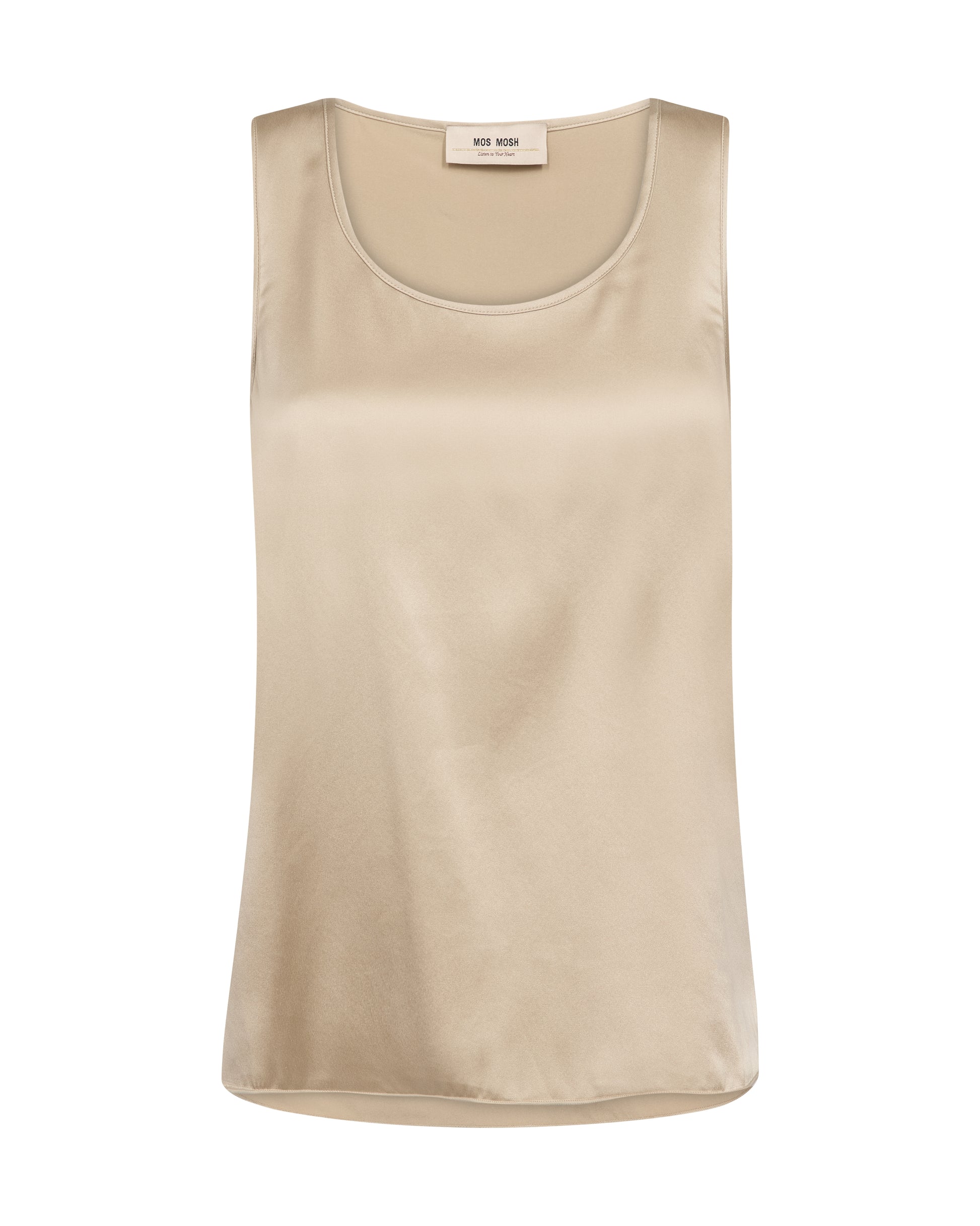 A sleeveless scoop-neck tank top in a light beige or cream color, shown flat against a plain white background. 