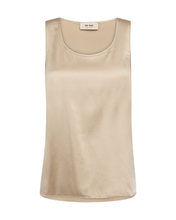 A sleeveless scoop-neck tank top in a light beige or cream color, shown flat against a plain white background. 