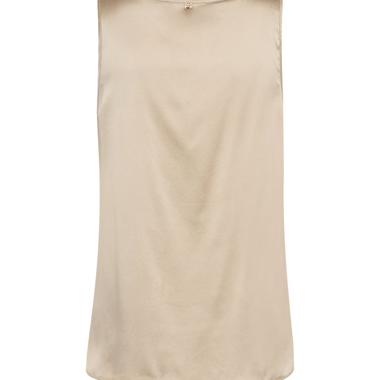 A sleeveless beige top with a wide boat neckline, displayed against a solid white background.