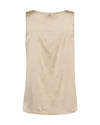 A sleeveless beige top with a wide boat neckline, displayed against a solid white background.