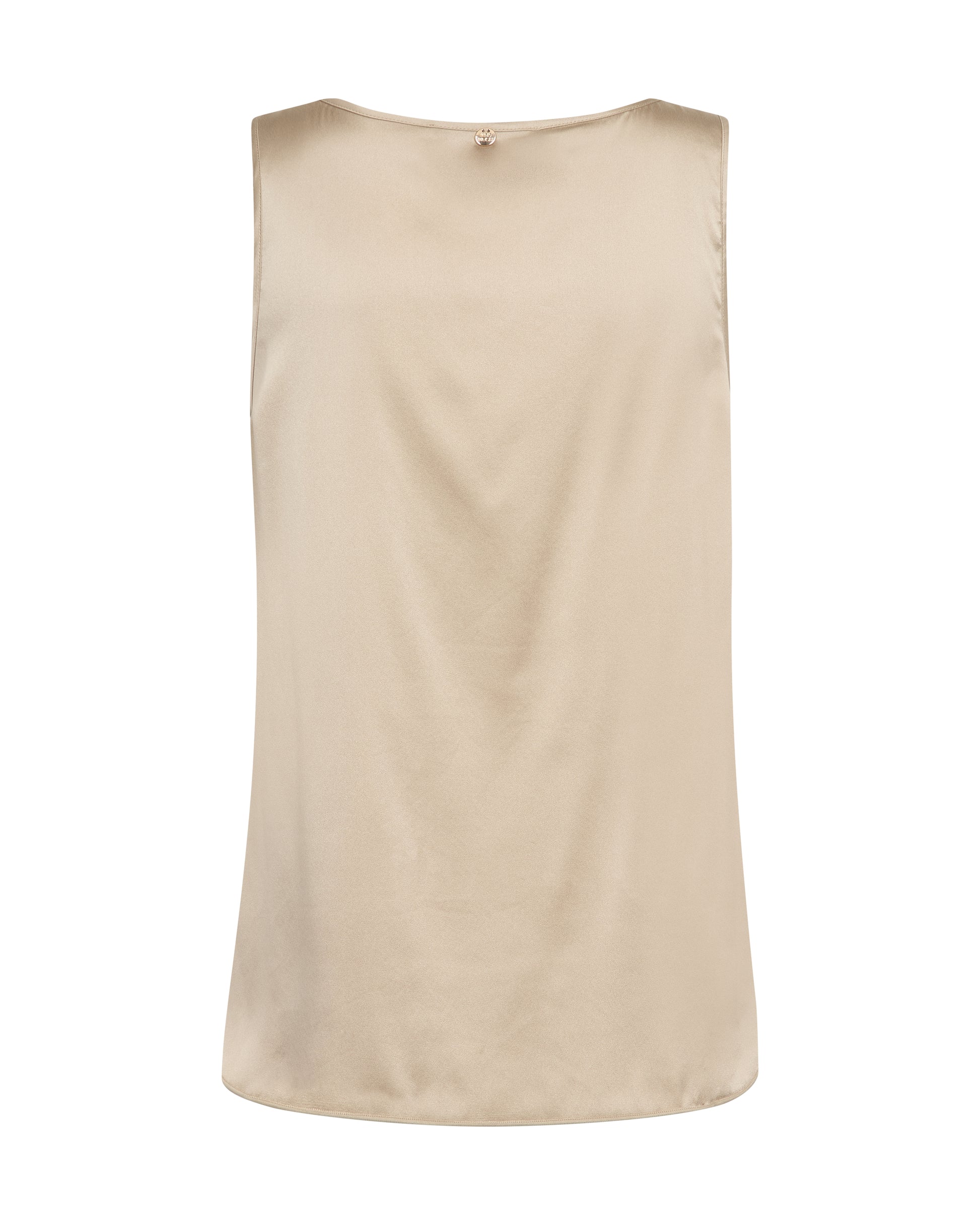 A sleeveless beige top with a wide boat neckline, displayed against a solid white background.
