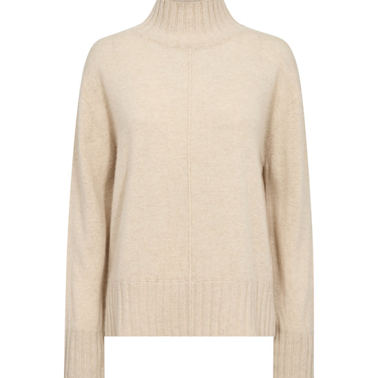 A light beige knit turtleneck sweater with long sleeves and ribbed cuffs and hem, shown on a plain white background.