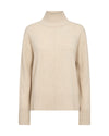 A light beige knit turtleneck sweater with long sleeves and ribbed cuffs and hem, shown on a plain white background.