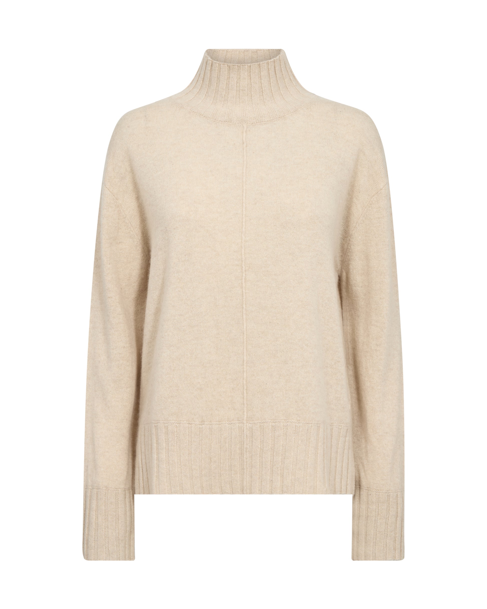 A light beige knit turtleneck sweater with long sleeves and ribbed cuffs and hem, shown on a plain white background.