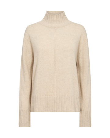 A light beige knit turtleneck sweater with long sleeves and ribbed cuffs and hem, shown on a plain white background.