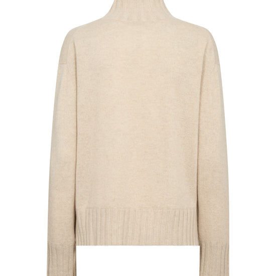 A light beige knit sweater with a mock neck and ribbed hem and cuffs, shown against a plain white background.