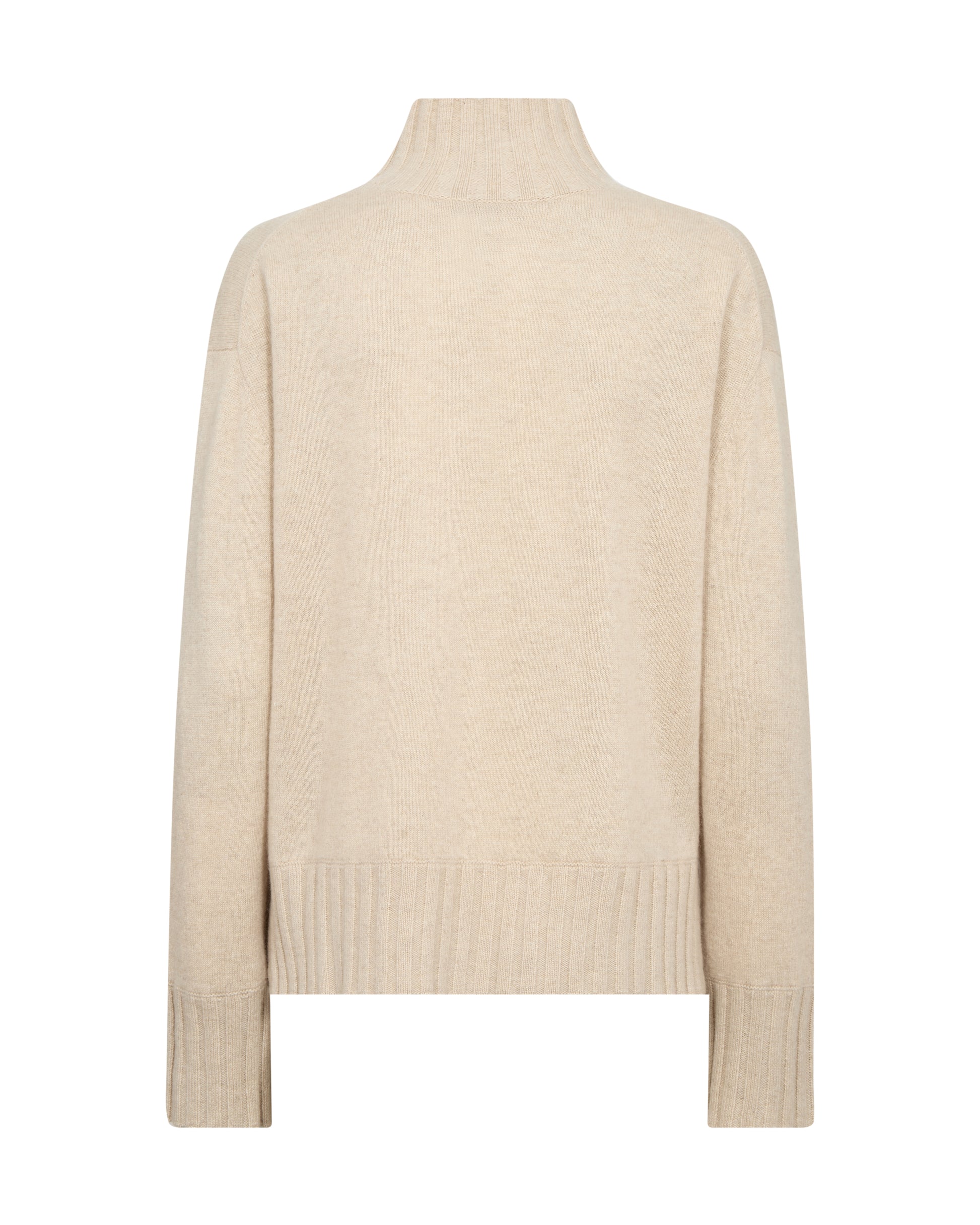 A light beige knit sweater with a mock neck and ribbed hem and cuffs, shown against a plain white background.