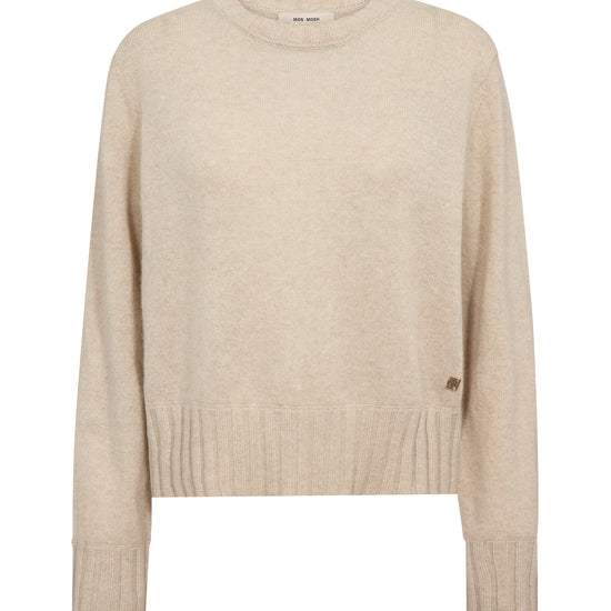 A light beige crewneck knit sweater with ribbed hem and cuffs, shown flat against a white background.