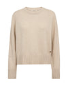 A light beige crewneck knit sweater with ribbed hem and cuffs, shown flat against a white background.