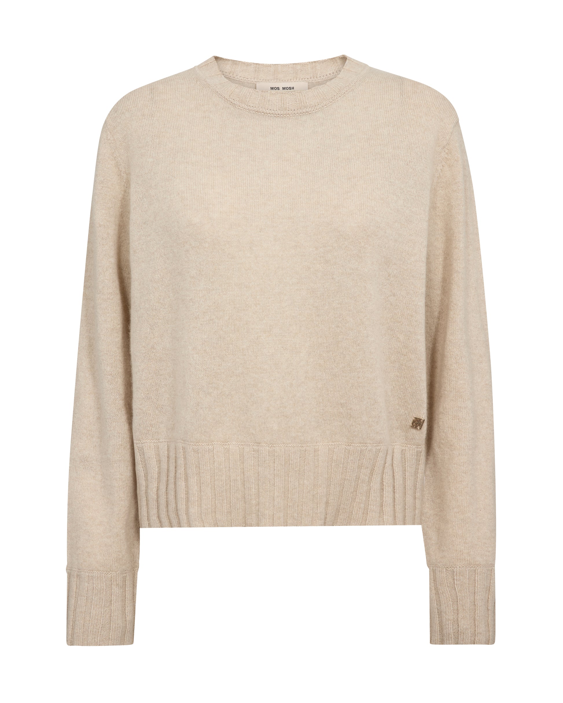 A light beige crewneck knit sweater with ribbed hem and cuffs, shown flat against a white background.