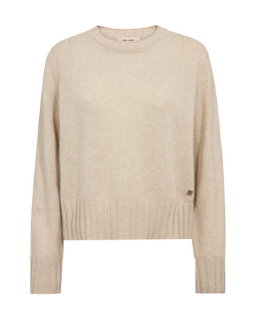 A light beige crewneck knit sweater with ribbed hem and cuffs, shown flat against a white background.