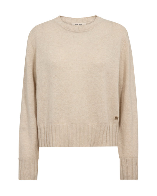 A light beige crewneck knit sweater with ribbed hem and cuffs, shown flat against a white background.