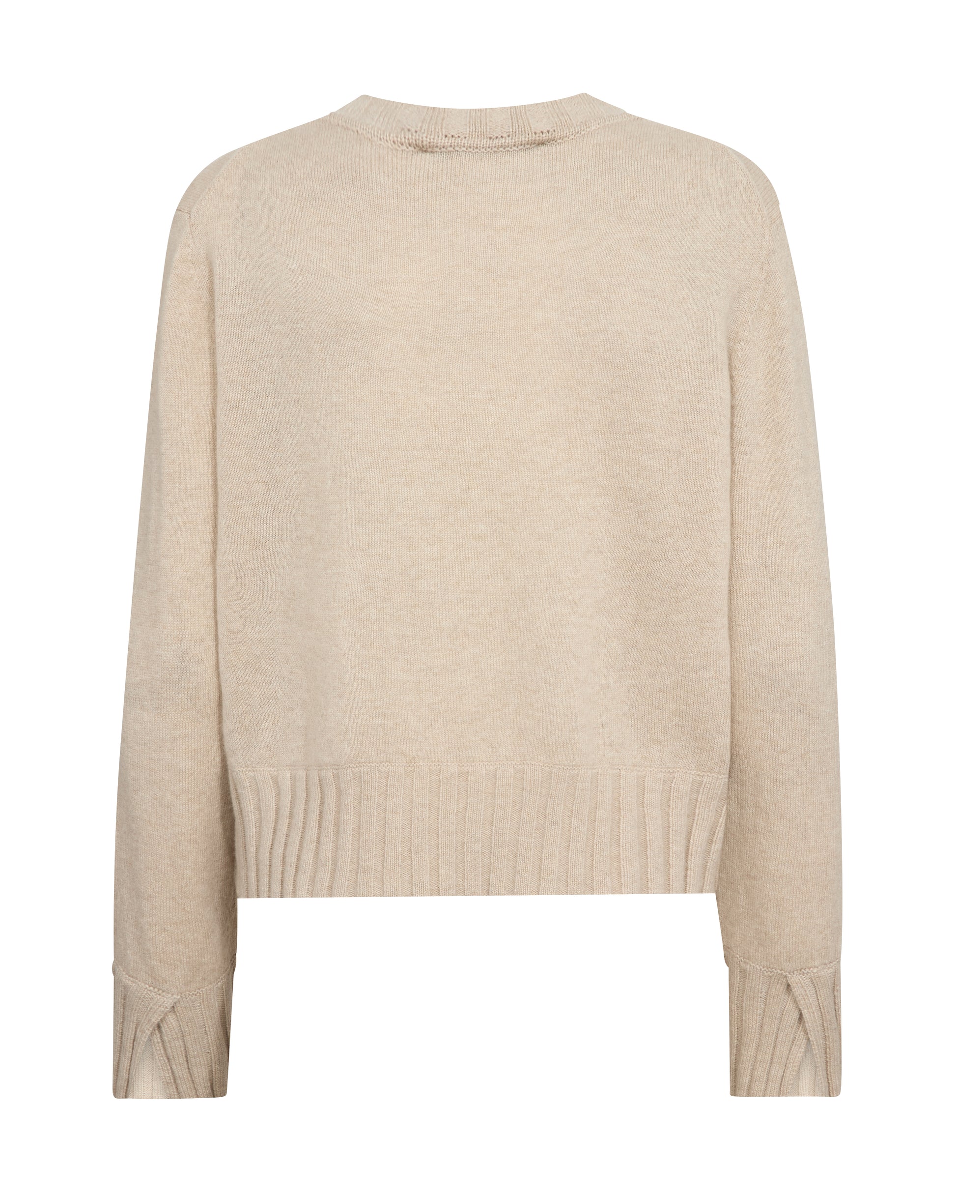 A light beige knit sweater with long sleeves and ribbed cuffs, displayed against a plain white background.