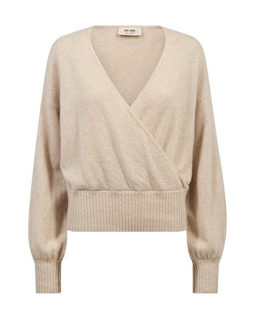 A light beige knit wrap sweater with a V-neckline, long sleeves, and ribbed cuffs and hem, shown against a plain white background.