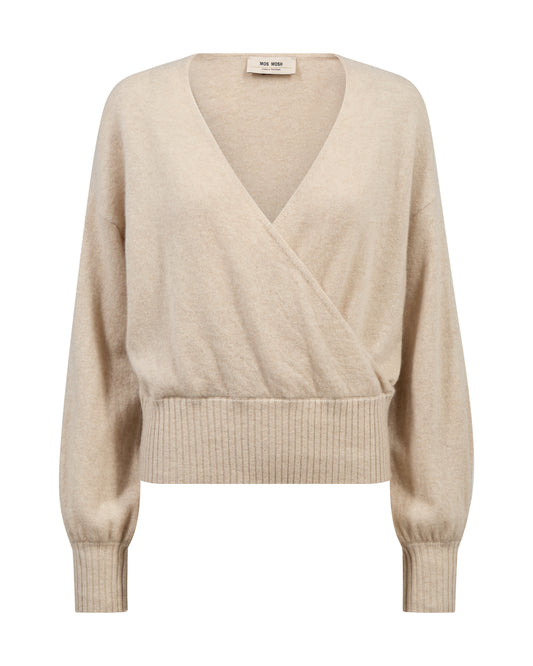 A light beige knit wrap sweater with a V-neckline, long sleeves, and ribbed cuffs and hem, shown against a plain white background.