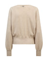 A light beige knit sweater with a crew neck, dropped shoulders, and ribbed hem and cuffs, shown against a plain white background.