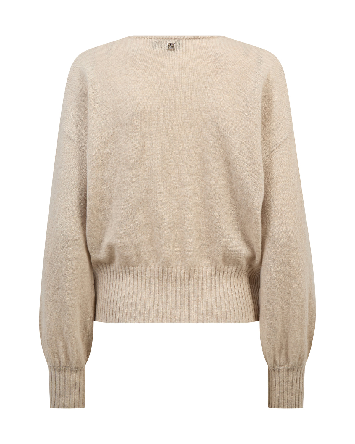 A light beige knit sweater with a crew neck, dropped shoulders, and ribbed hem and cuffs, shown against a plain white background.