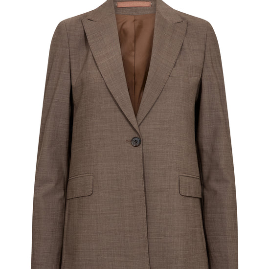 A brown textured blazer with a single button closure, notched lapels, and flap pockets, shown against a plain white background.