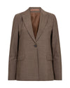 A brown textured blazer with a single button closure, notched lapels, and flap pockets, shown against a plain white background.