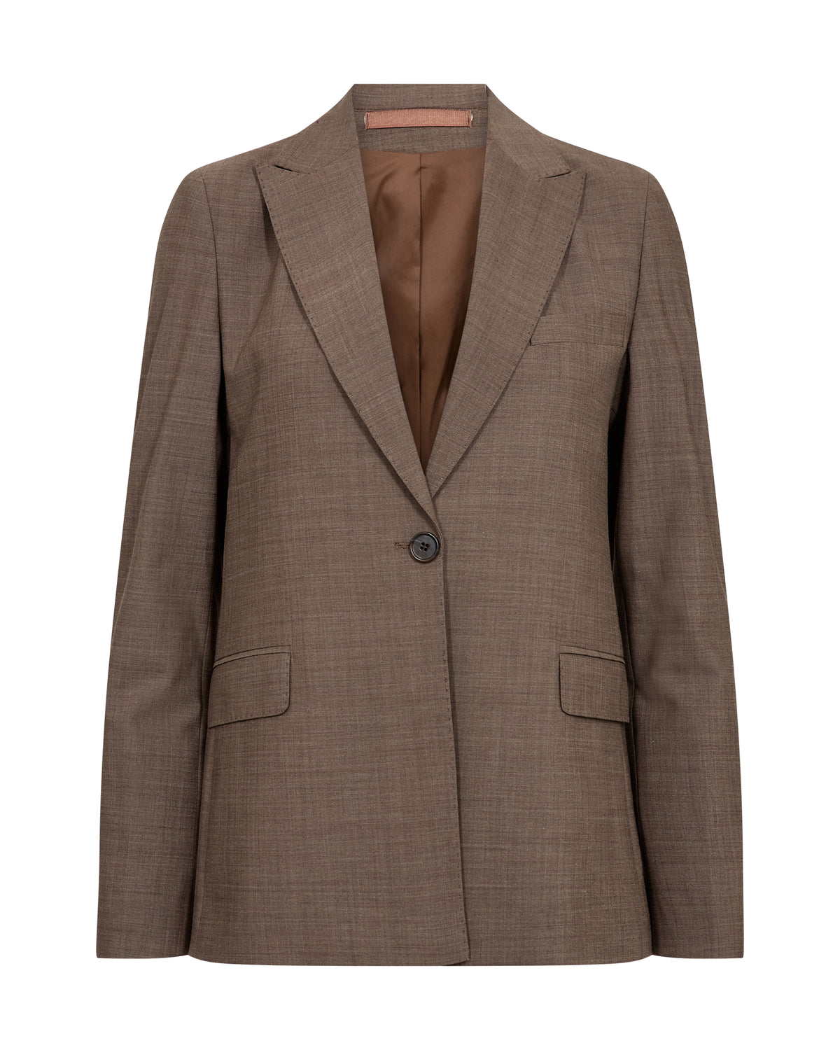 A brown textured blazer with a single button closure, notched lapels, and flap pockets, shown against a plain white background.