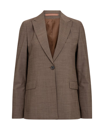 A brown textured blazer with a single button closure, notched lapels, and flap pockets, shown against a plain white background.