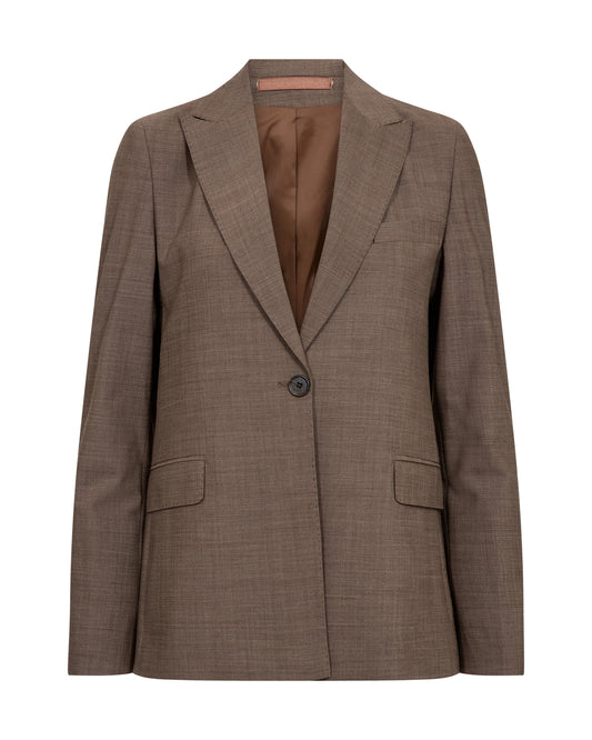 A brown textured blazer with a single button closure, notched lapels, and flap pockets, shown against a plain white background.