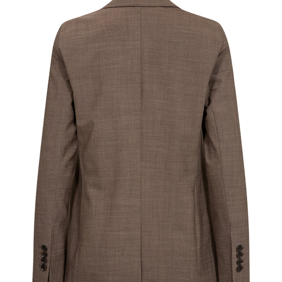 The back view of a brown textured blazer with a subtle grid pattern, featuring a notched collar and button cuffs, shown on a plain white background.