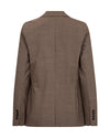 The back view of a brown textured blazer with a subtle grid pattern, featuring a notched collar and button cuffs, shown on a plain white background.