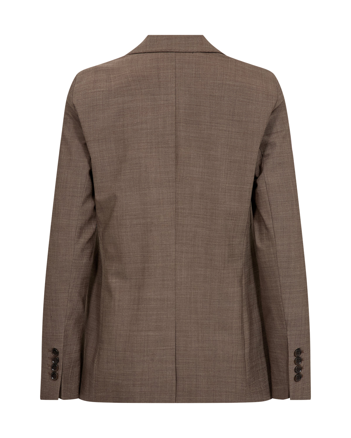 The back view of a brown textured blazer with a subtle grid pattern, featuring a notched collar and button cuffs, shown on a plain white background.