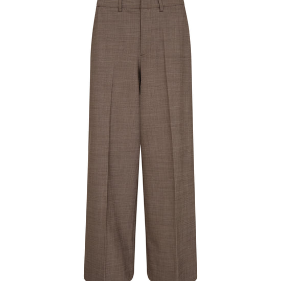 A pair of brown wide-leg trousers with a subtle textured weave, shown flat against a solid white background.