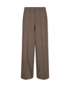 A pair of brown wide-leg trousers with a subtle textured weave, shown flat against a solid white background.
