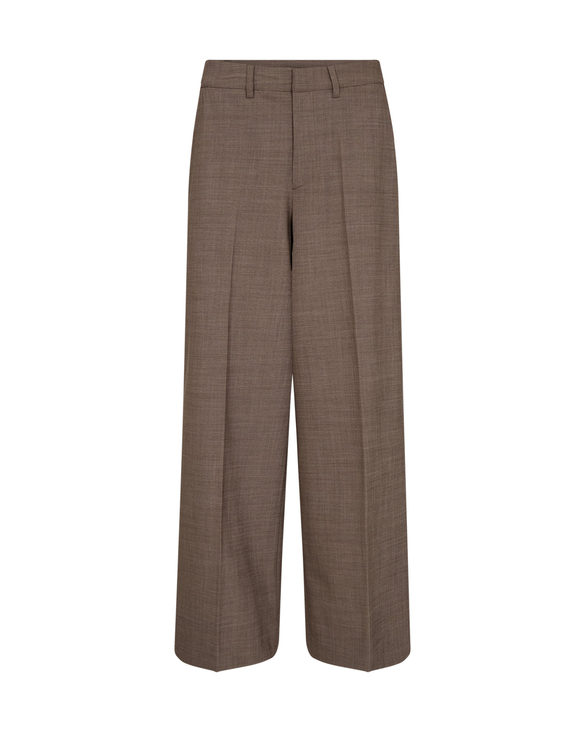 A pair of brown wide-leg trousers with a subtle textured weave, shown flat against a solid white background.