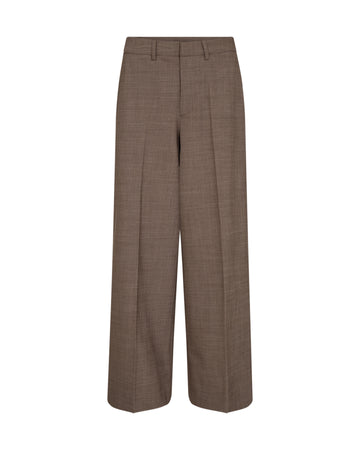 A pair of brown wide-leg trousers with a subtle textured weave, shown flat against a solid white background.