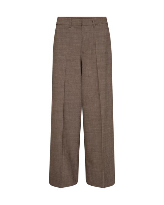 A pair of brown wide-leg trousers with a subtle textured weave, shown flat against a solid white background.