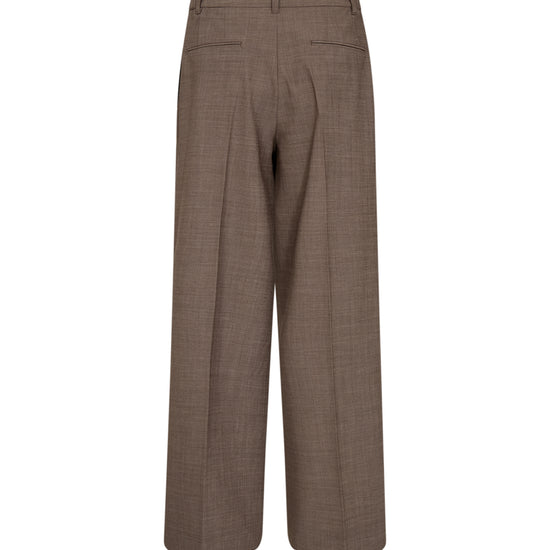 A pair of brown wide-leg trousers shown from the back, featuring a subtle textured weave and a straight-to-slightly-flared leg, set against a plain white background.