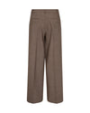 A pair of brown wide-leg trousers shown from the back, featuring a subtle textured weave and a straight-to-slightly-flared leg, set against a plain white background.