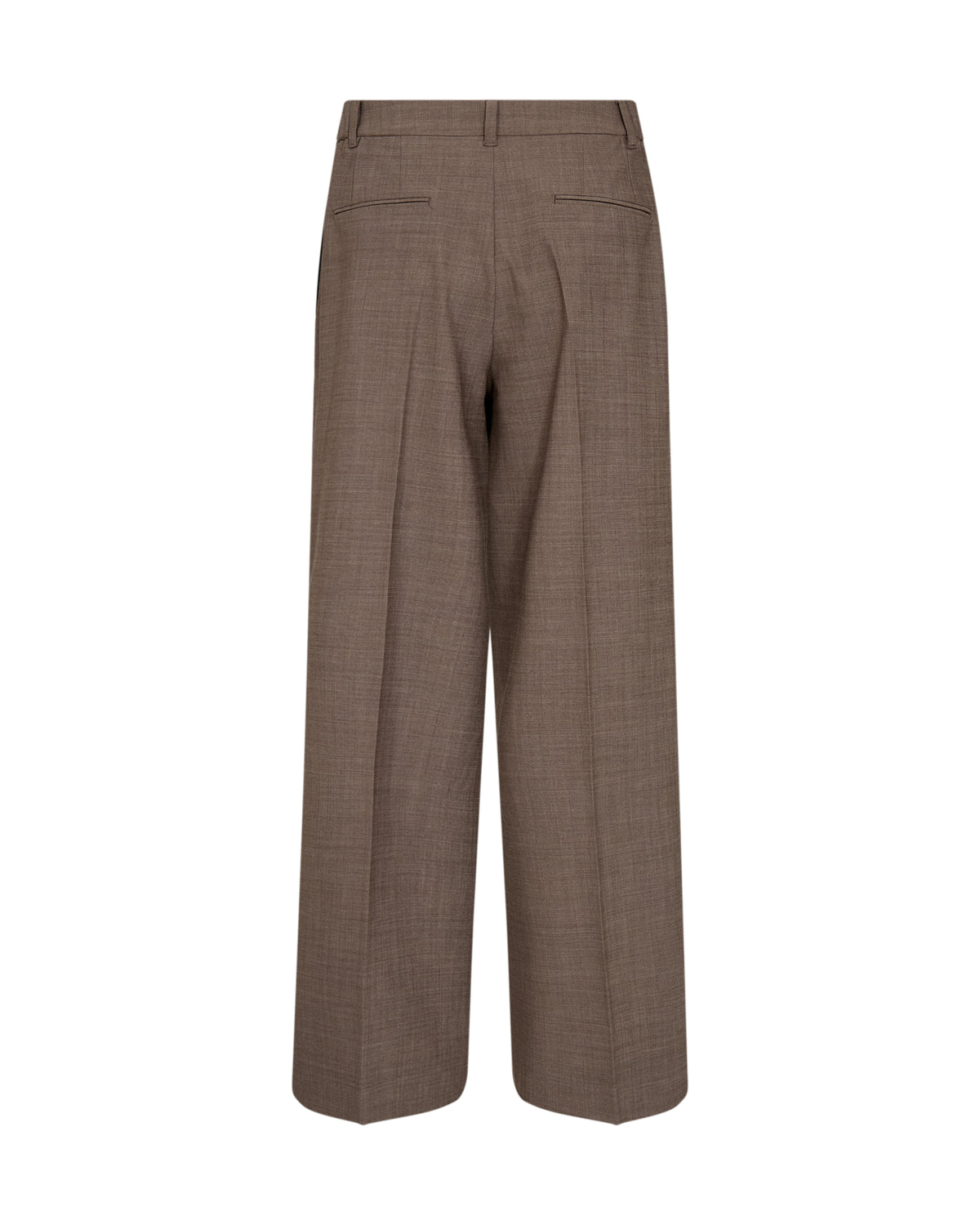 A pair of brown wide-leg trousers shown from the back, featuring a subtle textured weave and a straight-to-slightly-flared leg, set against a plain white background.