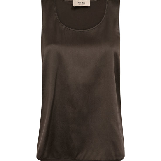 A dark brown sleeveless satin tank top with a wide scoop neckline, displayed flat against a solid white background.