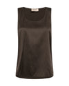 A dark brown sleeveless satin tank top with a wide scoop neckline, displayed flat against a solid white background.