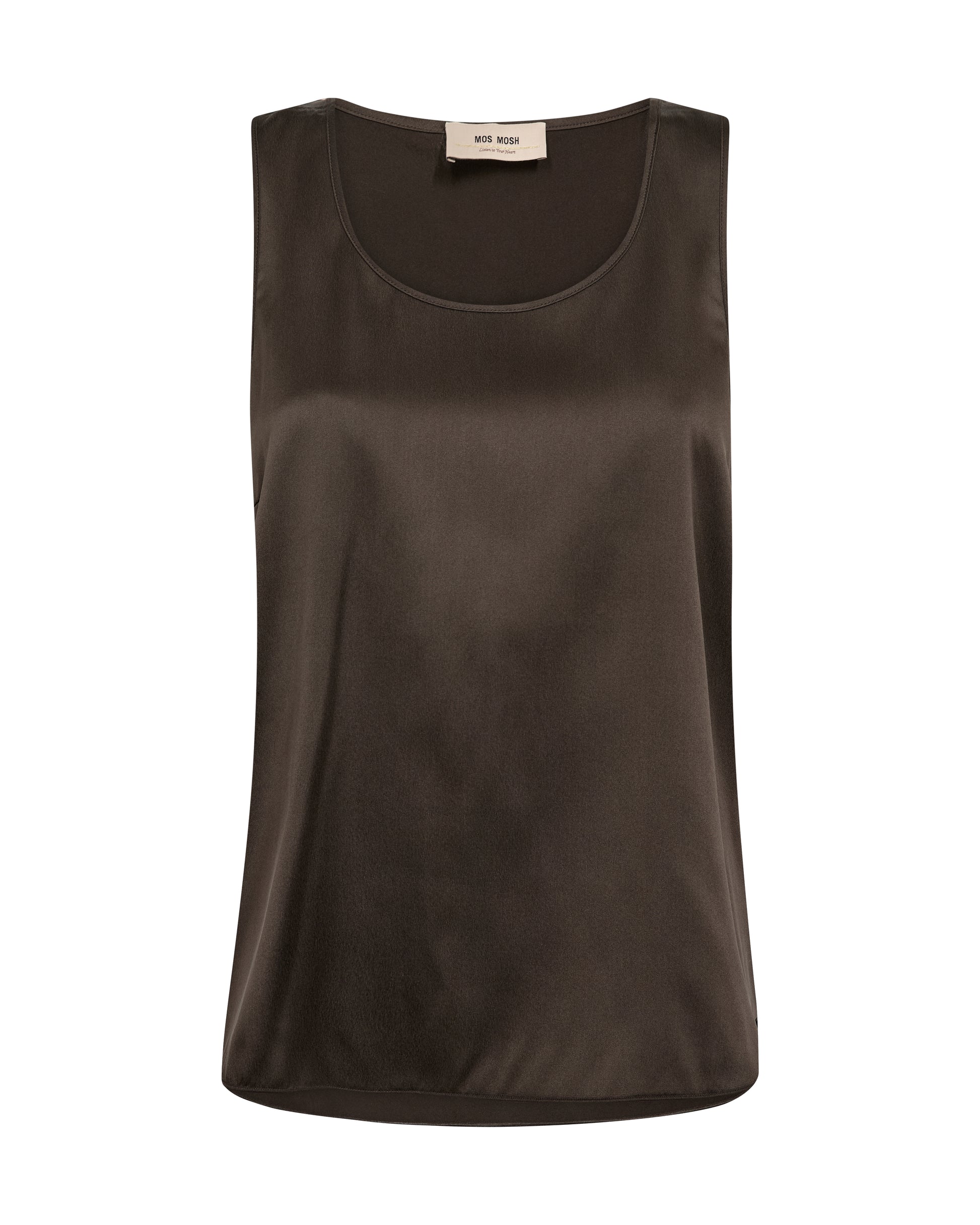 A dark brown sleeveless satin tank top with a wide scoop neckline, displayed flat against a solid white background.