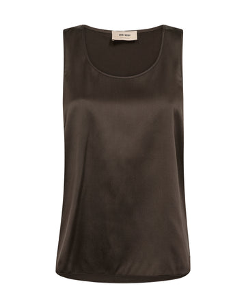 A dark brown sleeveless satin tank top with a wide scoop neckline, displayed flat against a solid white background.