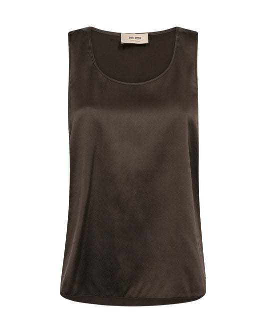 A dark brown sleeveless satin tank top with a wide scoop neckline, displayed flat against a solid white background.