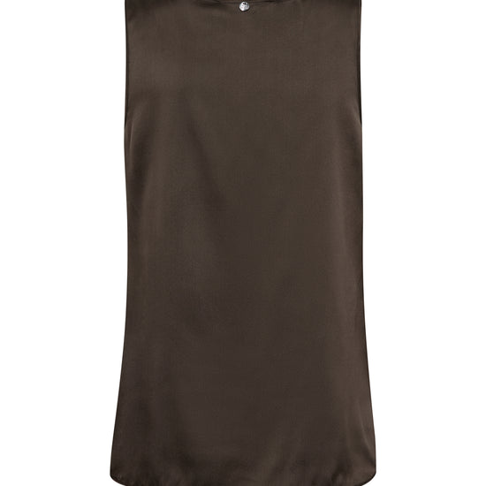 A sleeveless dark brown top with a wide boat neckline, shown from the back against a plain white background.