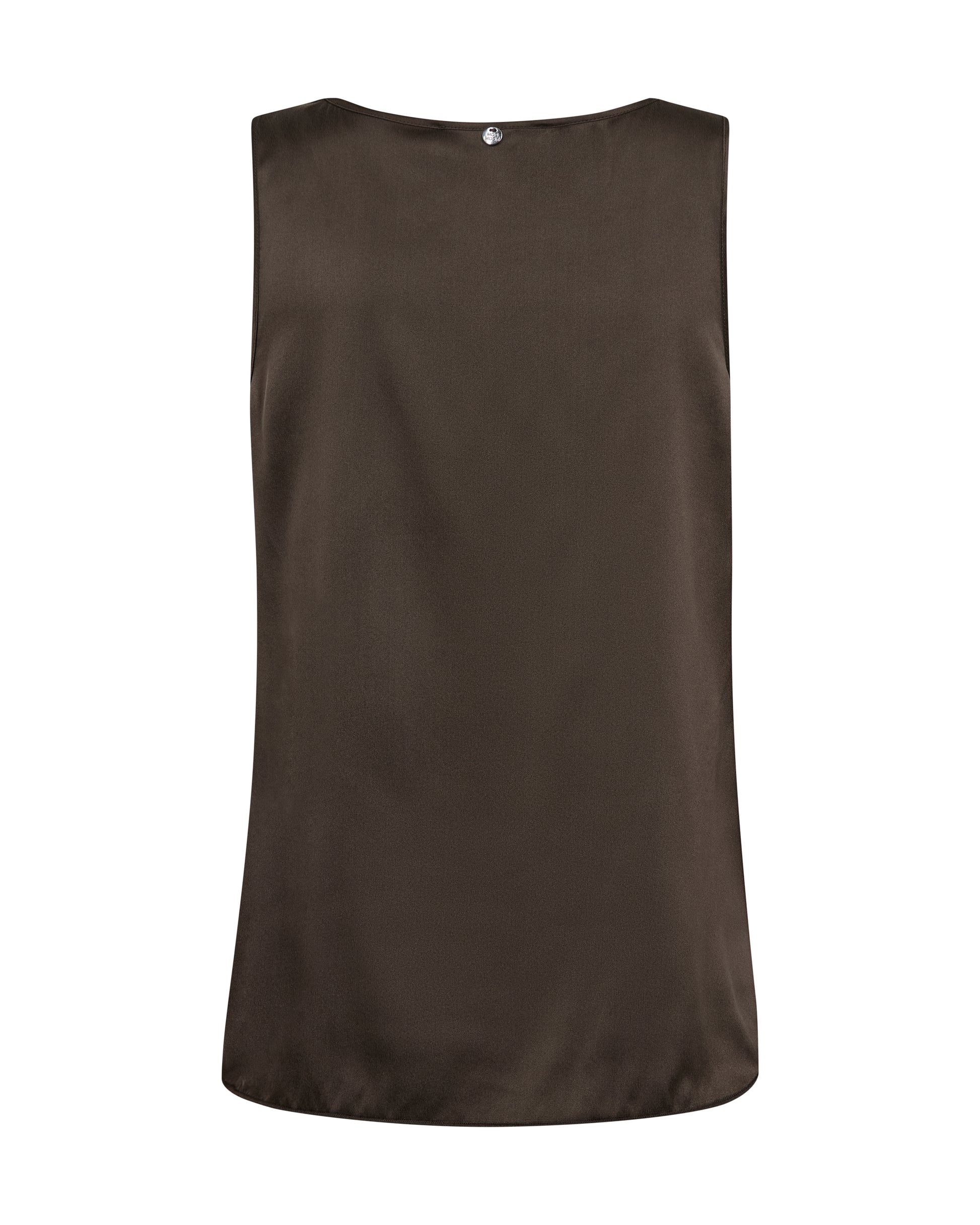 A sleeveless dark brown top with a wide boat neckline, shown from the back against a plain white background.