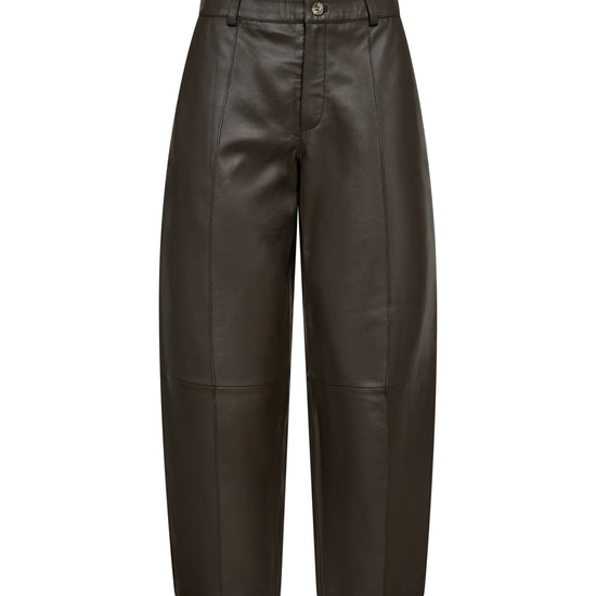 Dark brown leather cropped pants with a button closure and belt loops, shown against a plain white background.