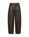 Dark brown leather cropped pants with a button closure and belt loops, shown against a plain white background.