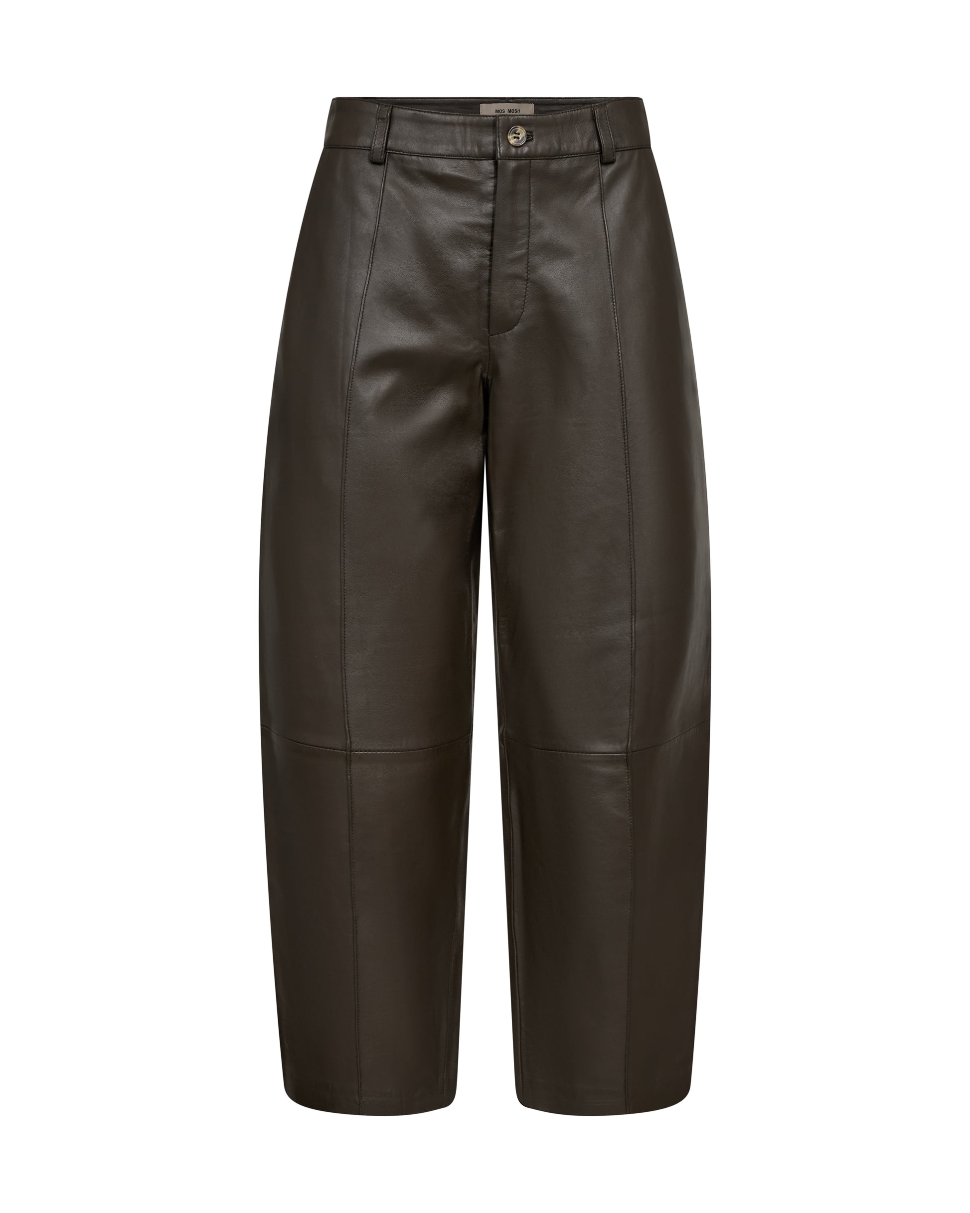 Dark brown leather cropped pants with a button closure and belt loops, shown against a plain white background.